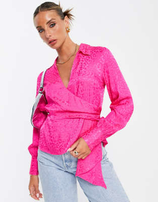 Shop Topshop Jacquard Wrap Front Top In Bright Pink