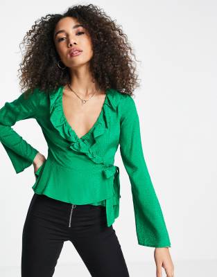 Topshop jacquard wrap tea top in green