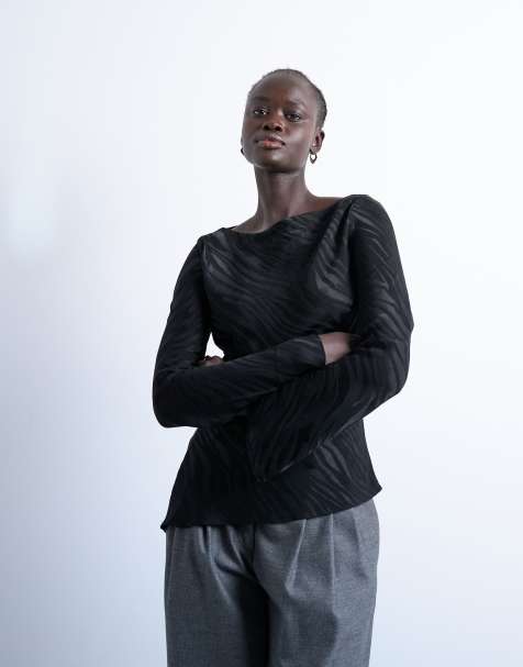 Topshop jacquard zebra slash neck long sleeve in black - view 1