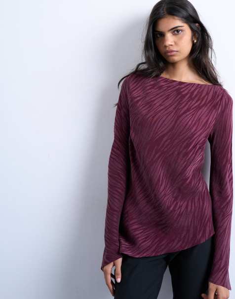 Topshop jacquard zebra slash neck long sleeve in burgundy - view 1