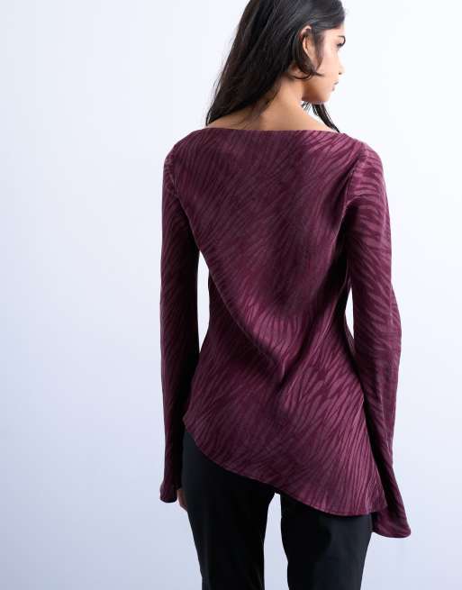 Topshop jacquard zebra slash neck long sleeve in burgundy | ASOS
