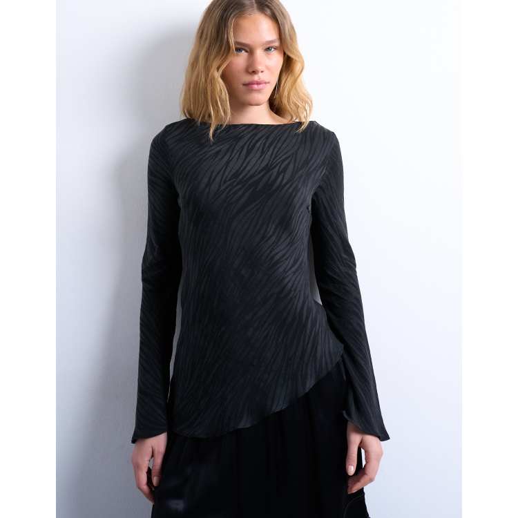 Topshop jacquard zebra slash neck long sleeve top in black | ASOS