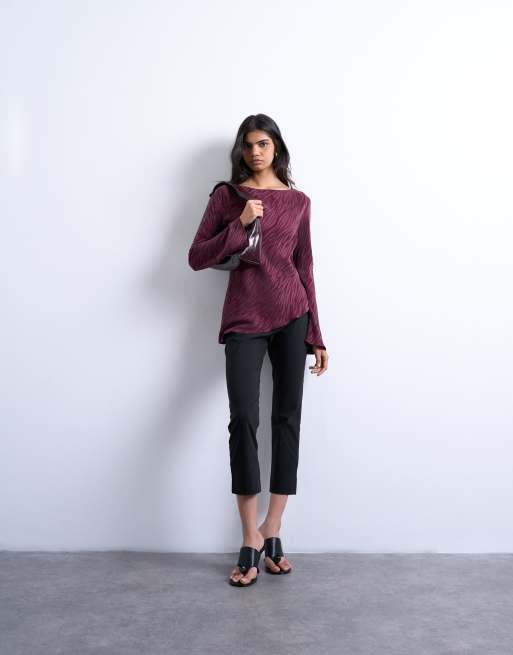 Topshop jacquard zebra slash neck long sleeve top in burgundy