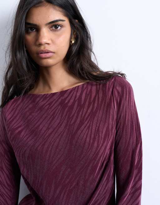 Topshop jacquard zebra slash neck long sleeve top in burgundy
