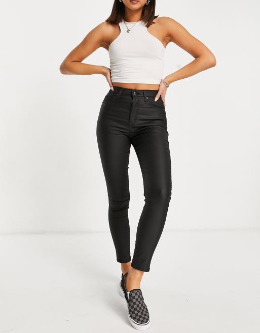 Topshop – Jamie – Czarne powlekane jeansy z podwyższonym stanem
