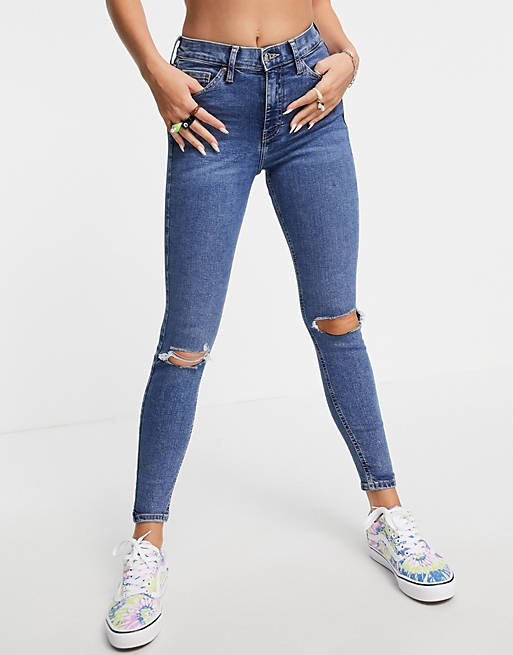 Topshop Jamie double rip jeans in mid blue