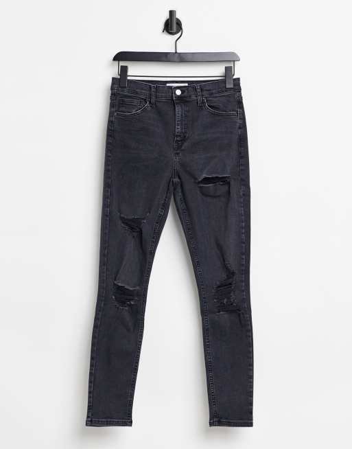 Topshop – Jamie – Eng geschnittene Jeans mit großen Zierrissen in verwaschenem Schwarz