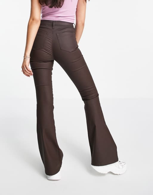 Topshop Jamie flare jeans in coated brown