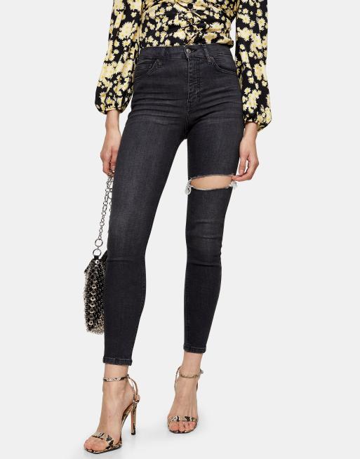Topshop - Jamie - Forvaskede, sorte jeans med flænge på låret 