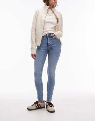 Topshop - Jamie - Jeans in Bleach-Waschung mit hohem Bund-Blau