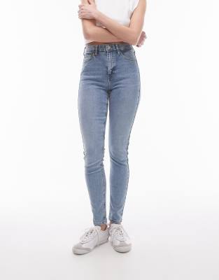 Topshop - Jamie - Jeans in Bleach-Waschung mit hohem Bund-Blau