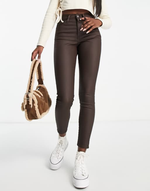 New Look lift and shape high waisted super skinny coated jeans in dark brown