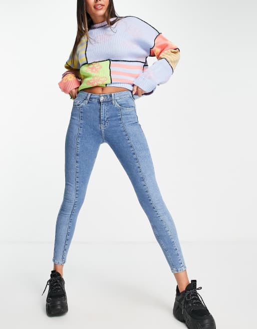 Topshop - Jamie - Jeans met panelen in middenblauw  