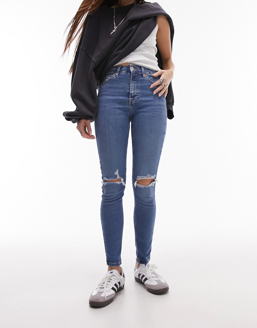 Topshop Jamie jeans with rips in mid blue