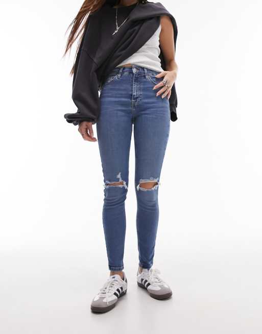 Topshop Jamie jeans with rips in mid blue | ASOS