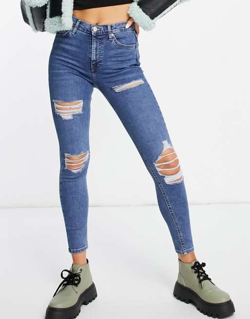 Topshop Jamie jeans with super rip in mid blue 