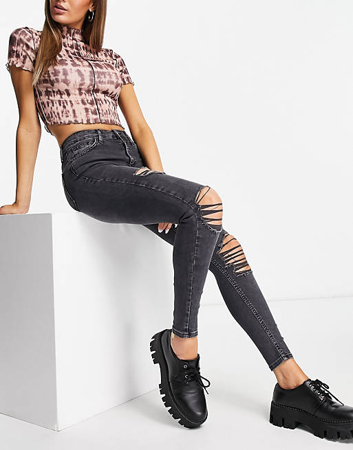 Women Topshop Jamie recycled cotton blend jean with super rip in washed black 
