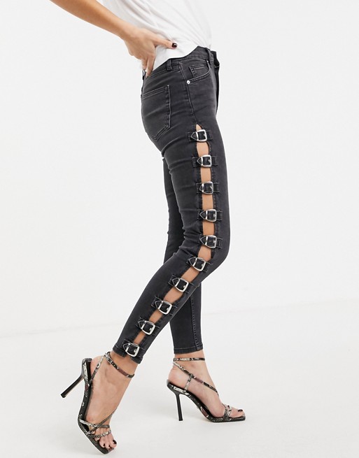Topshop Jamie skinny jeans with buckle sides in black | ASOS