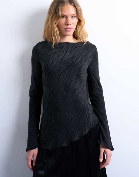 Topshop jaquard zebra slash neck long sleeve in black