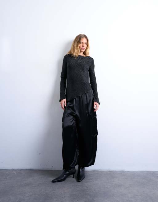 Topshop jaquard zebra slash neck long sleeve top in black