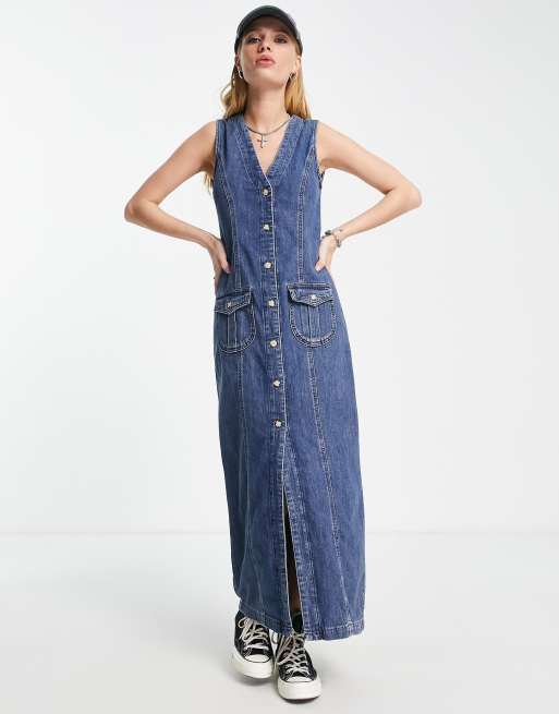 Topshop - Jaren 90-stijl jurk met knoopsluiting in middenblauw