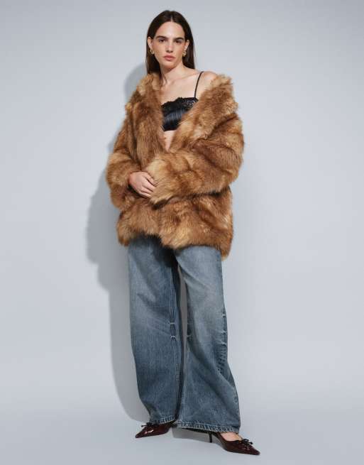 Topshop jas van imitatiebont zonder kraag in midi-lengte in multi, 3 van 8