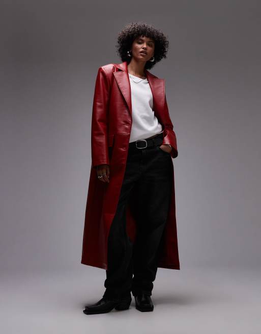 Topshop - Jas van imitatieleer met lange pasvorm in rood
