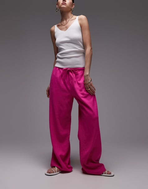 Topshop linen straight leg trouser in hot pink