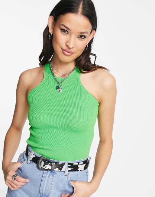 Topshop – Jaskrawozielony dzianinowy podkoszulek z dekoltem w kształcie litery V