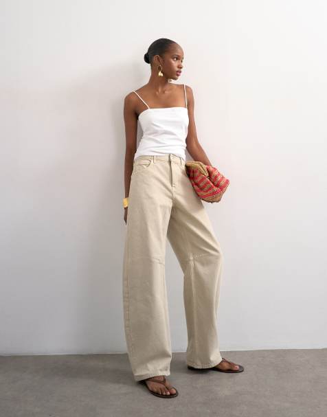 Topshop – Jasnobeżowe jeansy Barrel ze średnim stanem - view 1