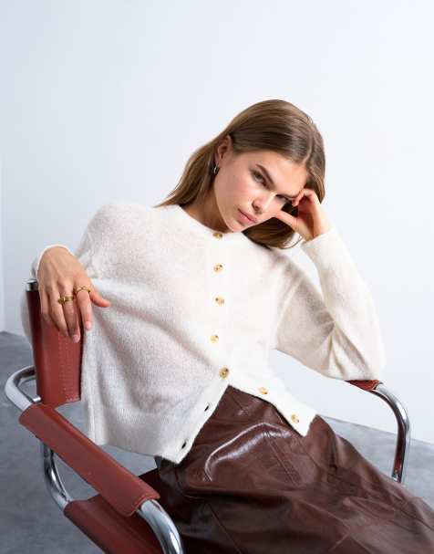 Topshop knitted lightweight crew cardigan in oat