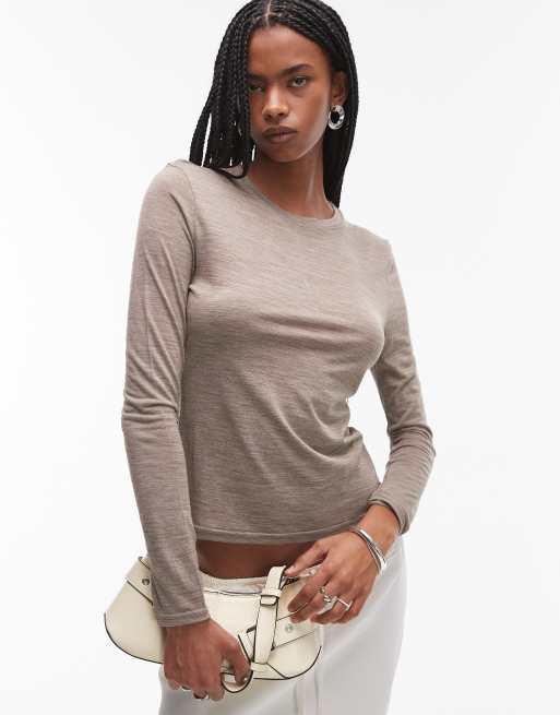 Topshop – Jasnobeżowy melanżowy top z długimi rękawami z domieszką wełny