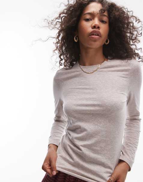 Topshop – Jasnobeżowy melanżowy top z okrągłym dekoltem i długimi rękawami - view 1