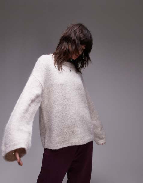 Topshop knitted boxy fluffy crew oversized jumper in oat