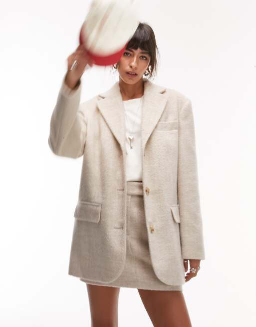 Topshop – Jasnobeżowy szczotkowany płaszcz oversize o kroju marynarki 