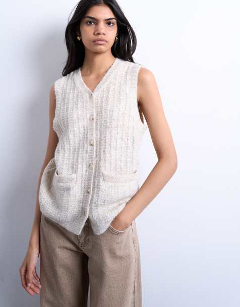 Topshop knitted stitchy pocket tank in oat