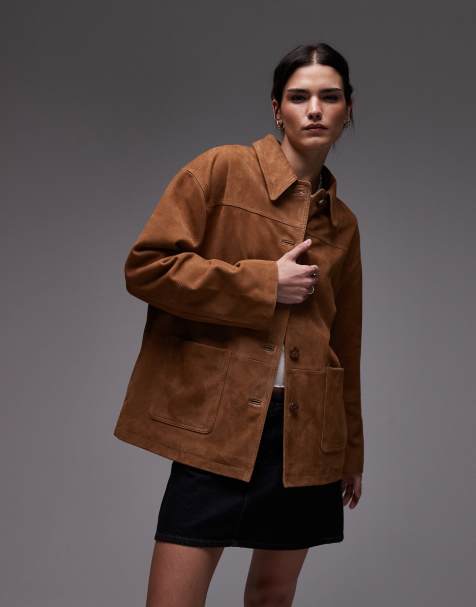 Topshop – Jasnobrązowa zamszowa kurtka premium o pudełkowym kroju z naszywanymi kieszeniami - view 1