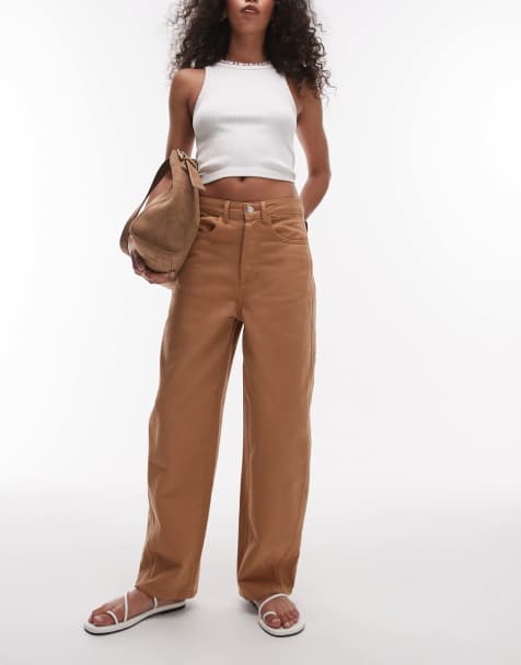 Topshop relaxed barrel leg trouser with seam detail in tan