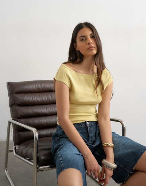 Topshop – Jasnolimonkowy top z dekoltem w łódkę w stylu lat 90. - view 1