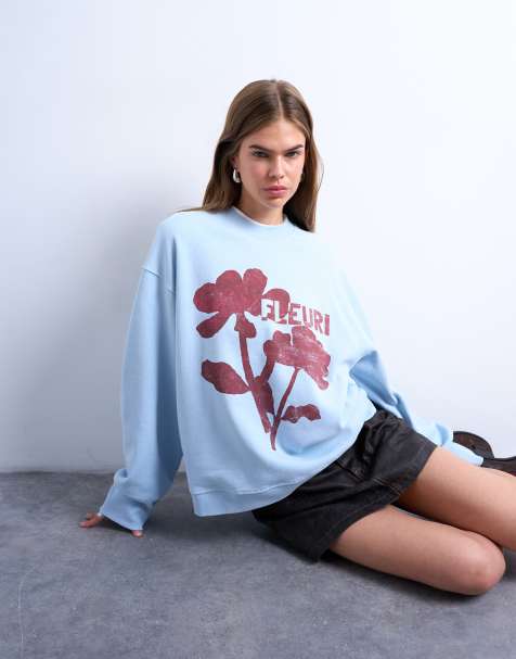 Topshop graphic fleuri print oversized sweatshirt in light blue