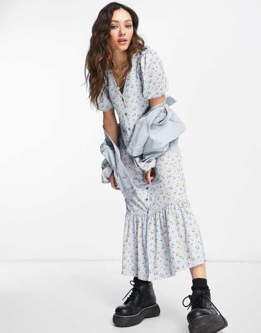 Topshop – Jasnoniebieska dżersejowa sukienka midi zapinana na guziki