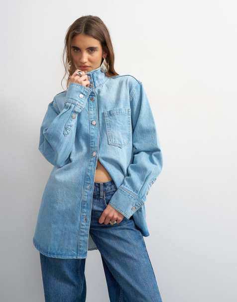 Topshop – Jasnoniebieska jeansowa kurtka koszulowa z wysokim kołnierzem - view 1