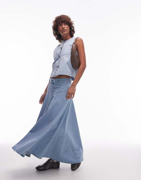 Topshop denim yoke front maxi skirt in bleach