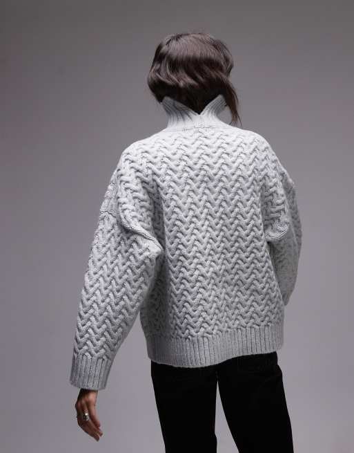 Topshop – Jasnoniebieski dzianinowy sweter oversize z golfem i przeplatanym wzorem, 3 z 4