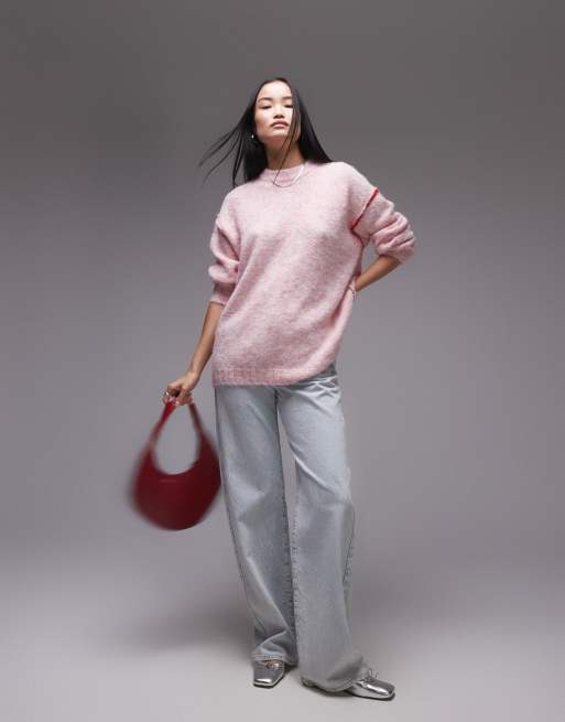 Topshop – Jasnoróżowy sweter dzianinowy oversize z kontrastowymi i wyeksponowanymi szwami