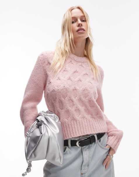 Topshop knitted cable stitch jumper in light pink