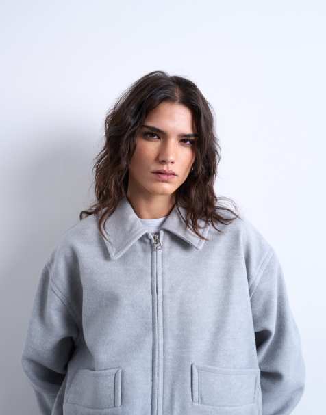 Topshop – Jasnoszara pikowana kurtka bomberka o krótkim fasonie z domieszką wełny - view 1