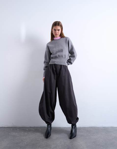 Topshop tab detail oversized balloon trouser in washed in light grey