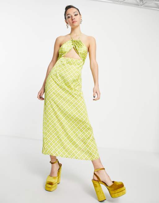 Topshop – Jasnozielona sukienka z dekoltem halter w geometryczny wzór w kwiaty z wycięciem