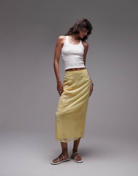 Topshop sheer midi skirt with floral embroidery in buttermilk